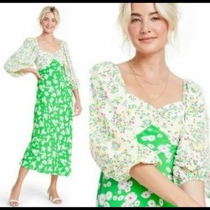 Floral Puff-Sleeve Midi Dress in Green and Cream